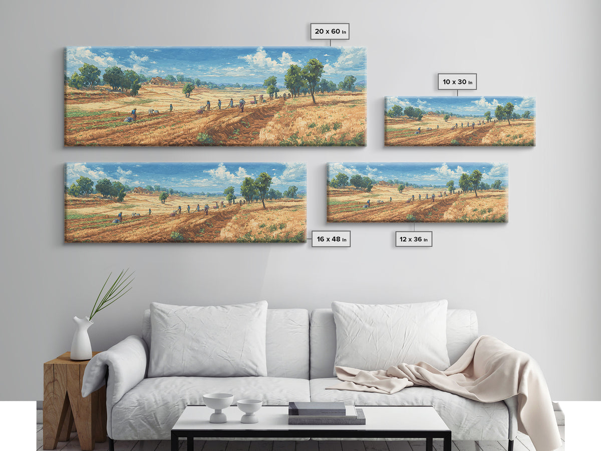Rural African Farmers Working Golden Fields Wall Art, African Landscape Canvas Print, Safari Decor, Nature Painting Gift