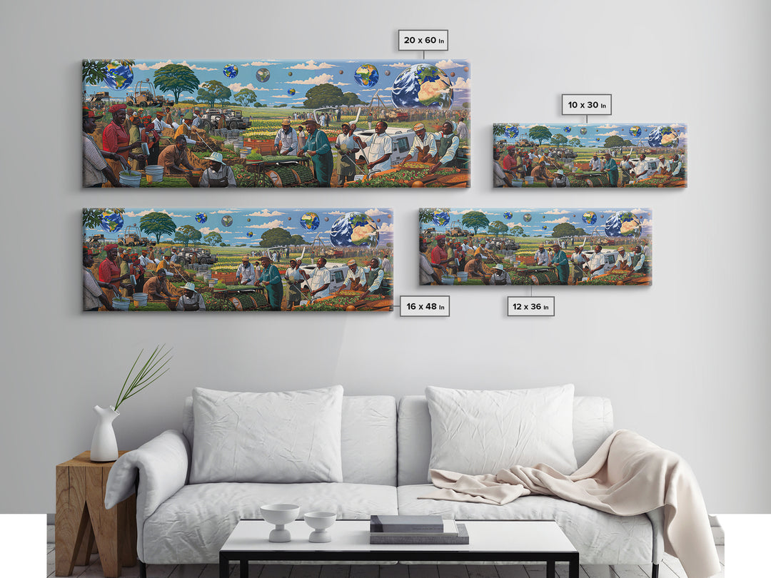 Futuristic African Farmers And Market Globes Canvas Print, Afrocentric Wall Art, Black Culture Decor, Vibrant Living Room Gift