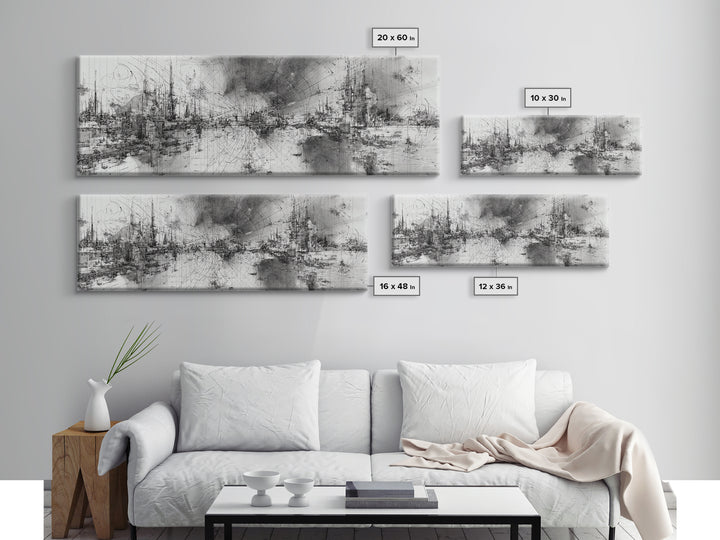 Black And White Abstract City Skyline Wall Art, Modern Canvas Print, Minimalist Office Decor, Urban Gallery Statement Gift