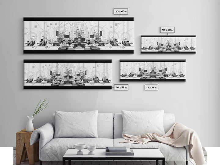 Black White Futuristic Control Room Framed Canvas Print, Modern Wall Art, Office Decor, Geometric Schematic Tech Art Gift