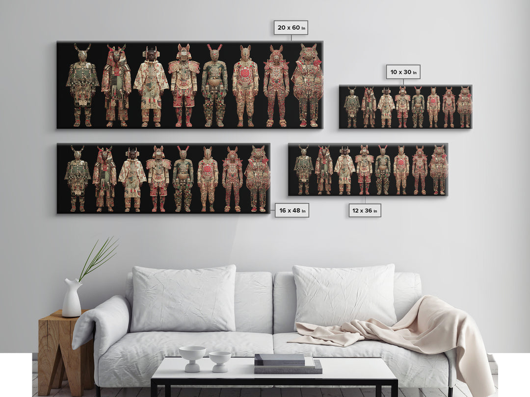 Ornate Masked African Warrior Lineup Canvas Print, African Tribal Art, African Mask Art, Bold Home Decor, Cultural Wall Art