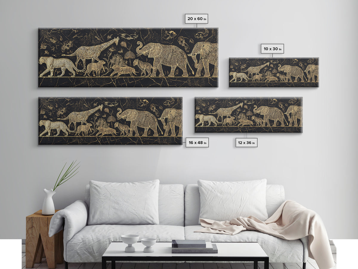 Gold Safari Animals On Black Wall Art, African Elephant, African Giraffes, Jungle African, Luxury Canvas Art, Safari Decor