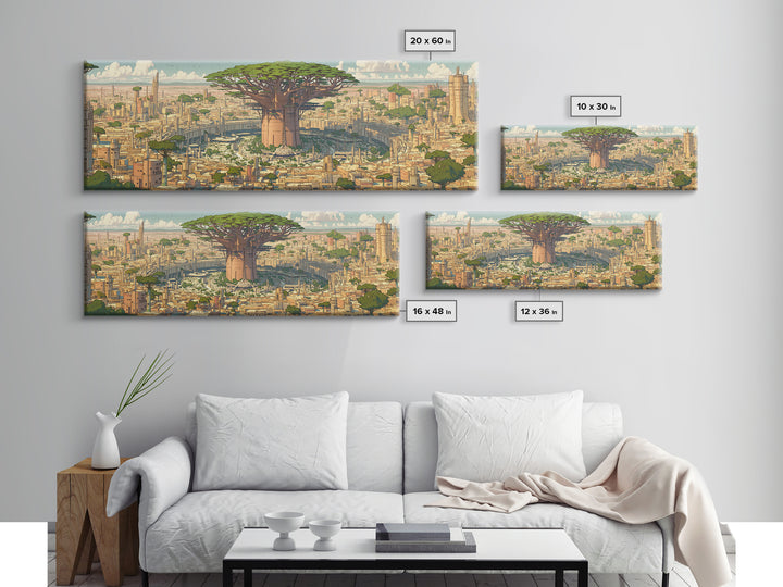 Giant Baobab Futuristic African City Wall Art, Panoramic Afrocentric Landscape Print, Modern Safari Decor Gift, Living Room Decor