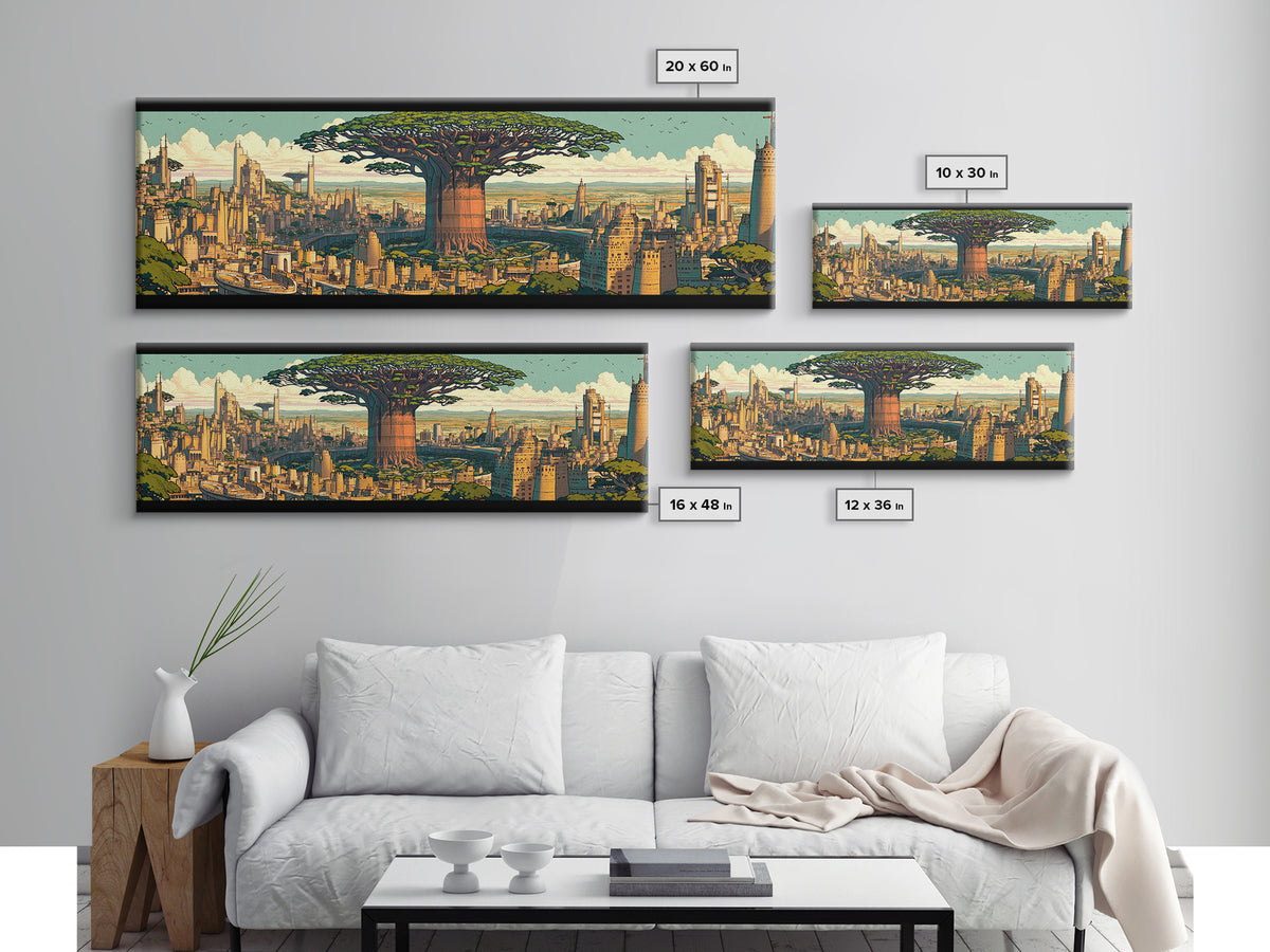 Colossal Baobab In Golden Futuristic City Framed Canvas Print, African Wall Art, Modern Afrocentric Office Decor, Large Statement Piece