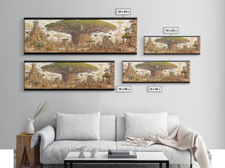 Ancient Baobab Rising Through African City Wall Art, Sepia Fantasy Landscape, Cultural Home Decor, Panoramic Print, Gallery Wall Decor