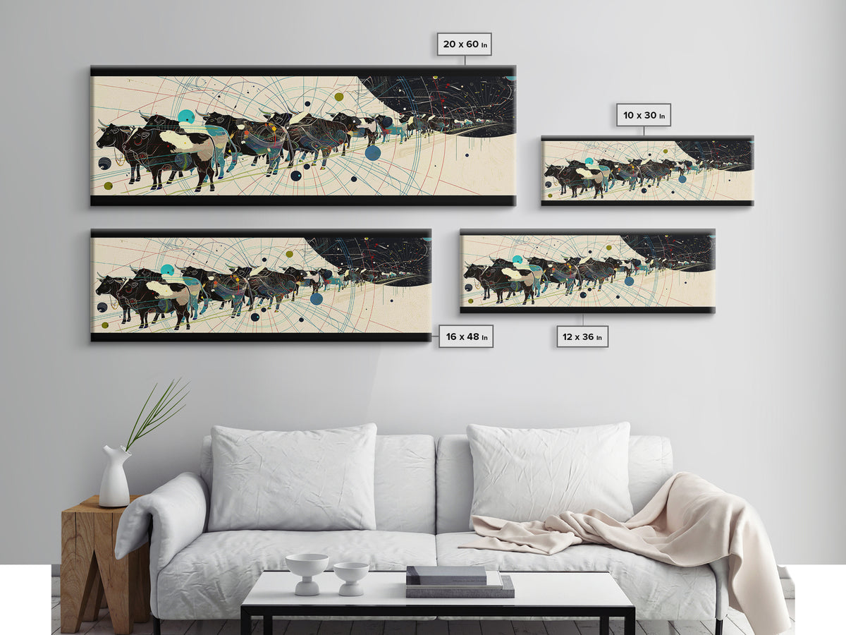 Abstract African Cattle Herd With Geometric Map Lines Framed Canvas Print, Modern Black Wall Art, Contemporary Office Decor
