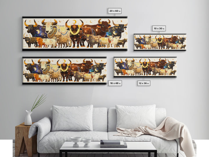 Ornate Celestial African Bulls And Calves Canvas Print, Moon Phase Safari Animal Wall Art, Boho Farmhouse Decor Gift For Her