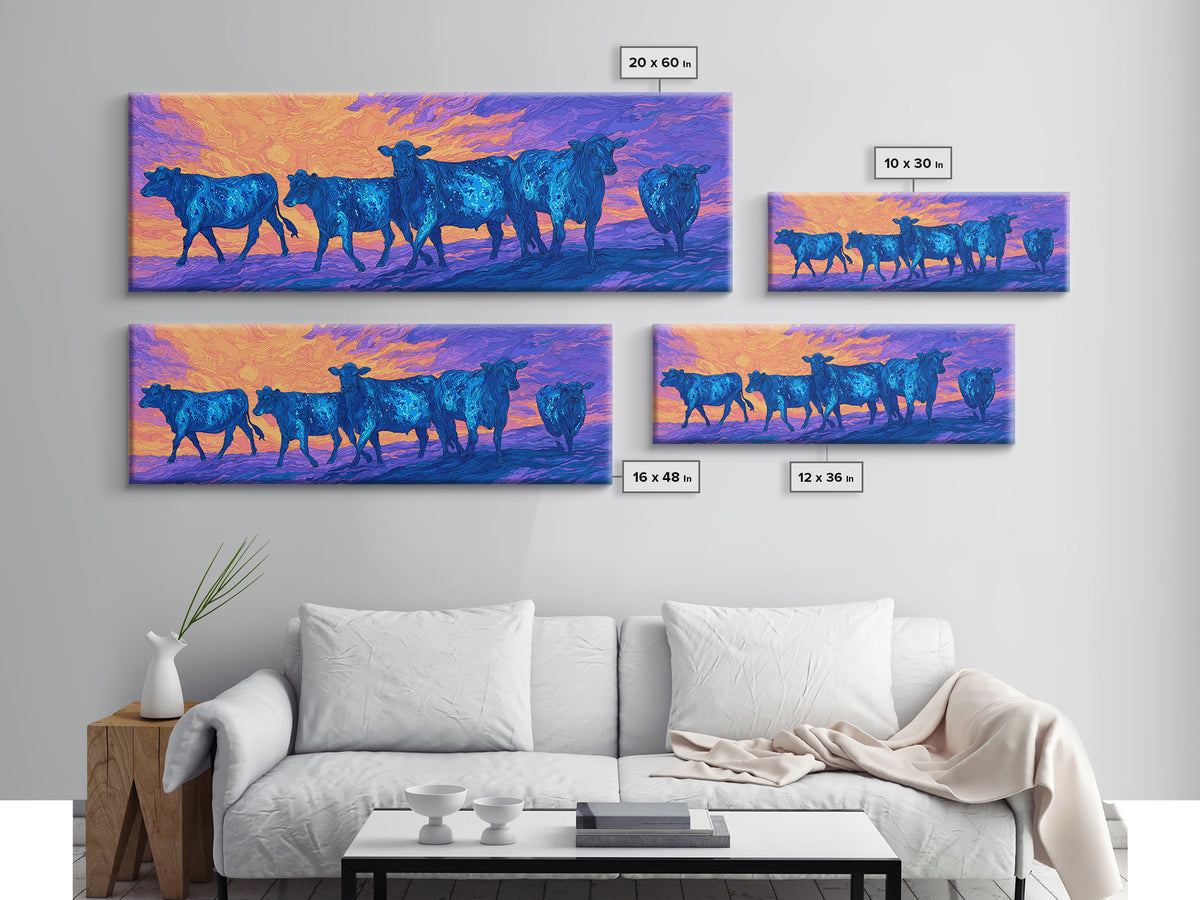 Blue Cattle Herd Walking At Sunset Wall Art, Colorful African Safari Animal Print, Dreamy Landscape Canvas Decor, Living Room Gift