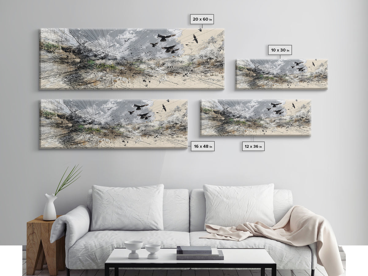 Stormy Abstract Birds Over Desert Horizon Wall Art, Modern African Inspired Landscape, Neutral Boho Large Canvas Decor Print