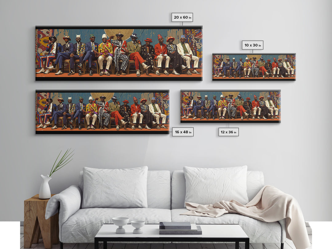 Seated African Dandy Chiefs In Colorful Suits Framed Canvas Print, Afrocentric Wall Decor, Black Culture Statement Art Gift