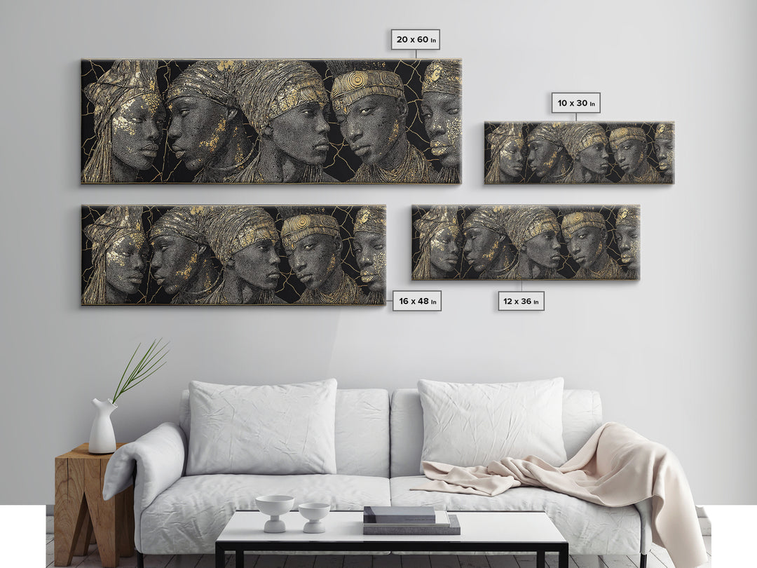 Gold Etched African Elder Profiles On Black Canvas Print, Elegant Tribal Portrait Wall Art, Luxury Afrocentric Home Decor