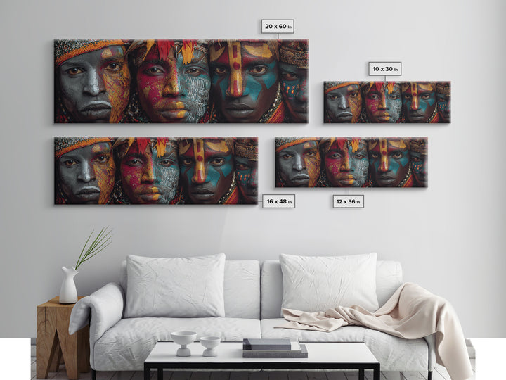 Intense Tribal Painted Faces With Feathers Wall Art, African Warrior Portrait Canvas Print, Bold Afrocentric Home Decor Gift
