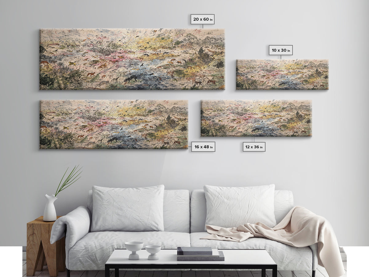 Abstract African Safari Landscape Canvas Print, Earth Tone Wildlife Migration Scene, Modern Home Decor For Living Room Wall