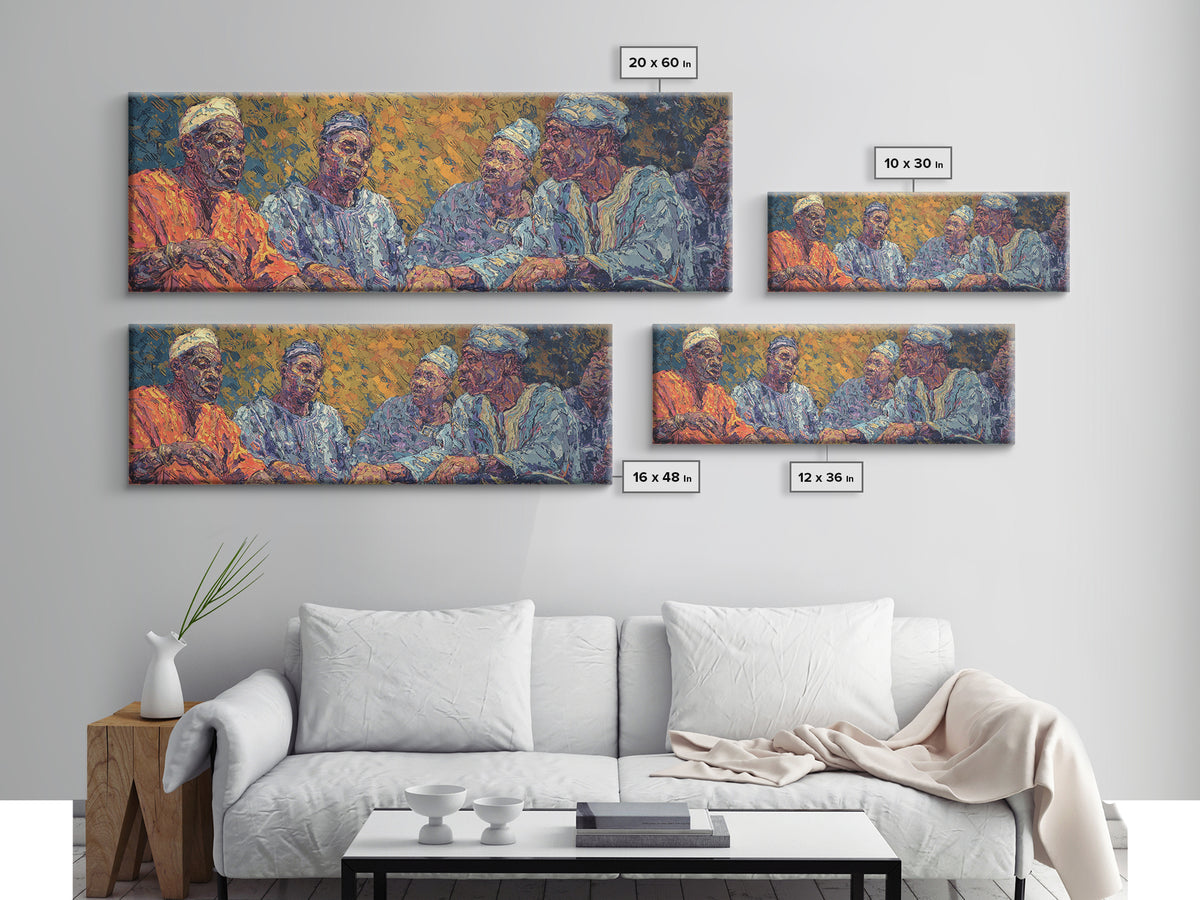 Elder African Men In Blue Robes Framed Canvas Print, Expressive Portrait Wall Decor, Cultural Painting, Afrocentric Art Gift
