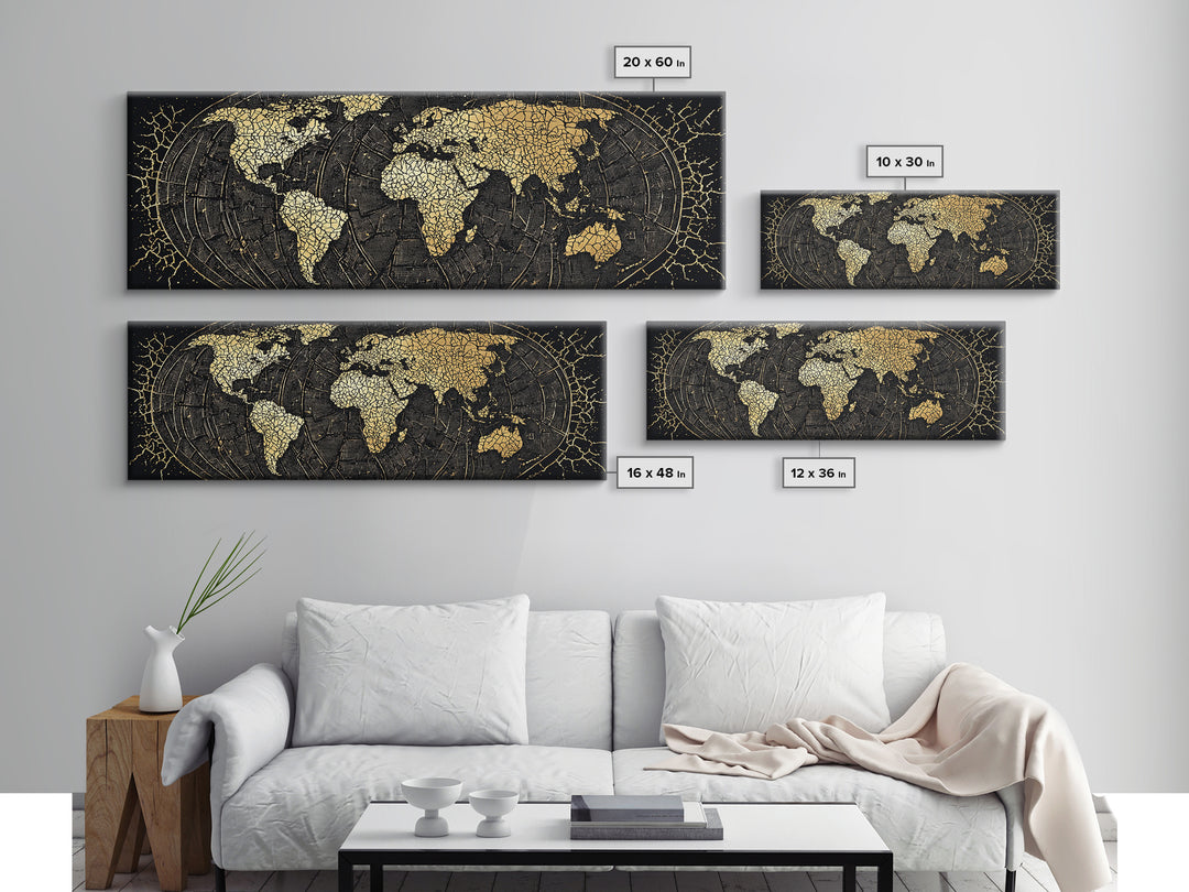 Gold Cracked World Map On Black Canvas Print, African Travel Wall Art, Luxury Home Decor, Modern Office Decor, Gift For Him