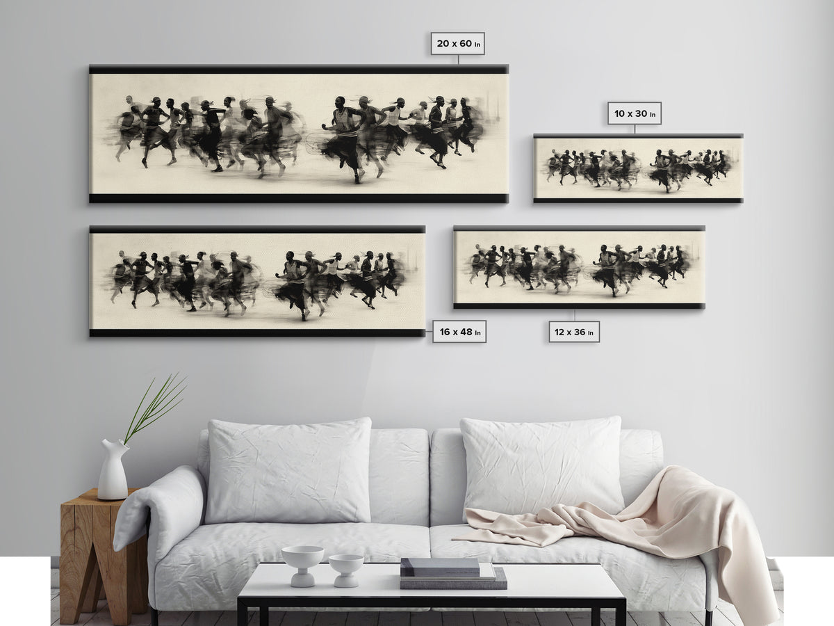 Panoramic Black Runners In Motion Wall Art, African Dance Art Print, Minimalist Charcoal Canvas Print, Modern Home Decor
