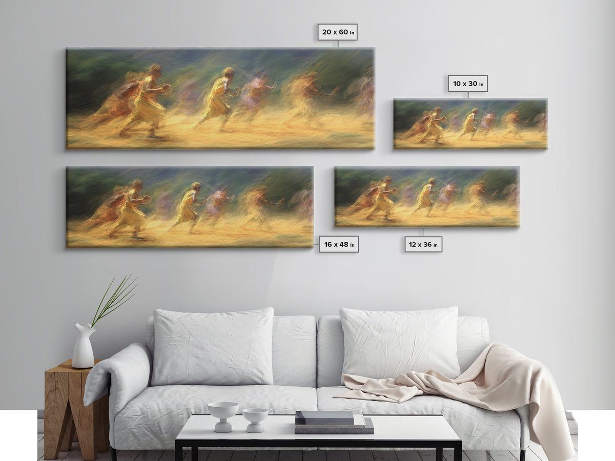 Sunlit Impressionist Runners Across Landscape Wall Art, African Inspired Canvas Print, Dreamy Nature Scene Art, Large Decor Art
