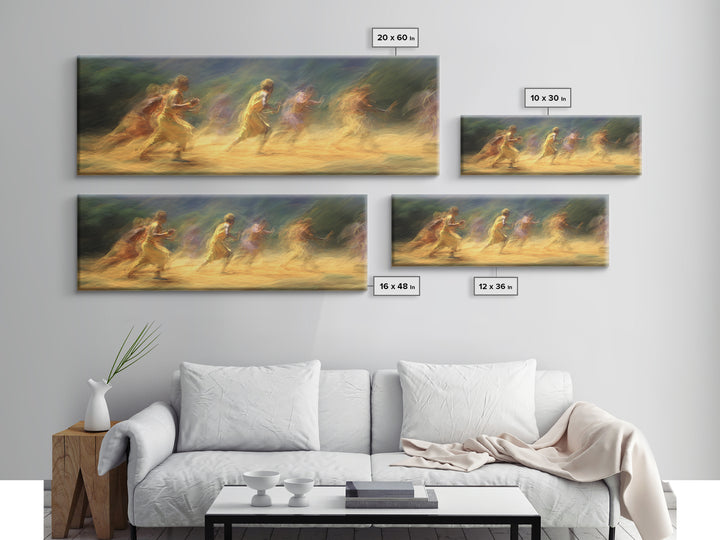 Sunlit Impressionist Runners Across Landscape Wall Art, African Inspired Canvas Print, Dreamy Nature Scene Art, Large Decor Art