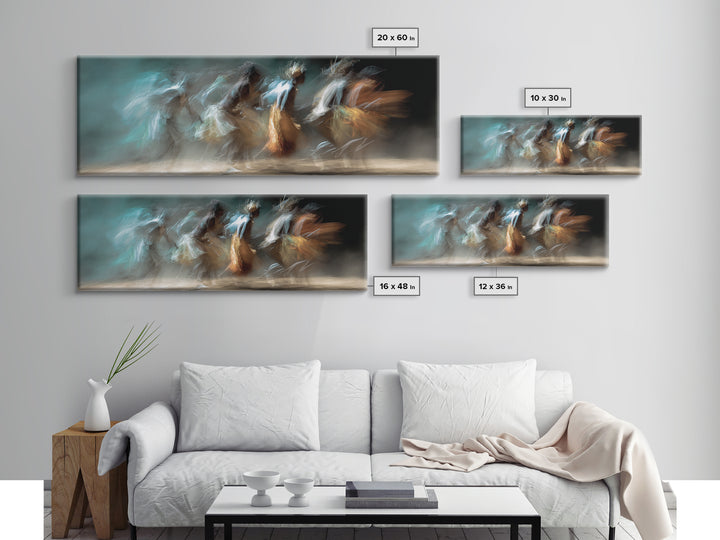 Blurred African Dancers In Blue And Amber Motion Wall Art, Afrocentric Canvas Decor, Cultural Dance Print, Living Room Art