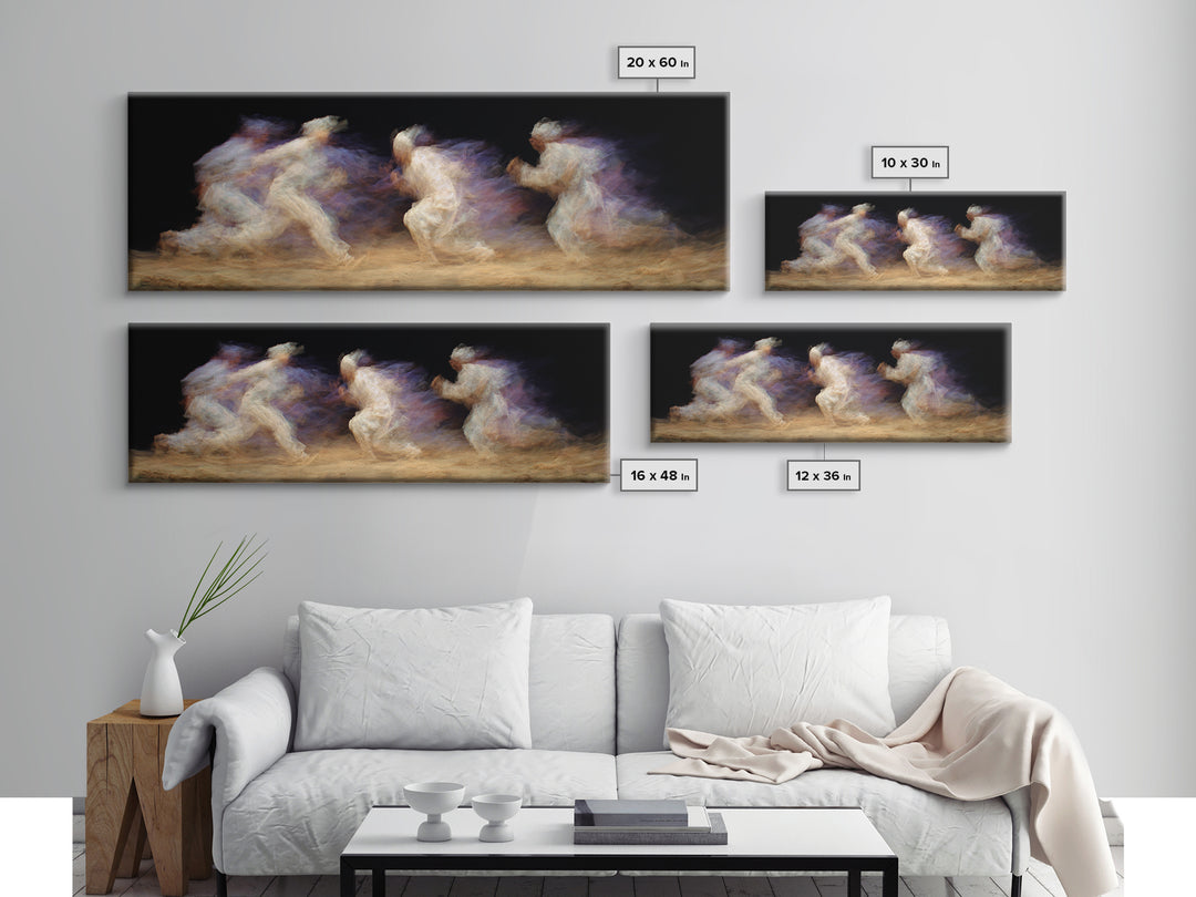 Ghostly African Runners In Sand And Violet Motion Canvas Print, Abstract Black Art, Athletic Dance Decor, Modern Wall Decor