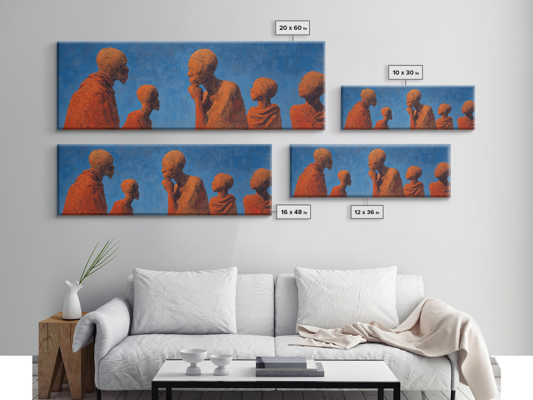 Terracotta African Figures Sharing Stories On Blue Wall Art, Tribal Family Decor, Cultural Portrait Print, Warm Minimalist Art