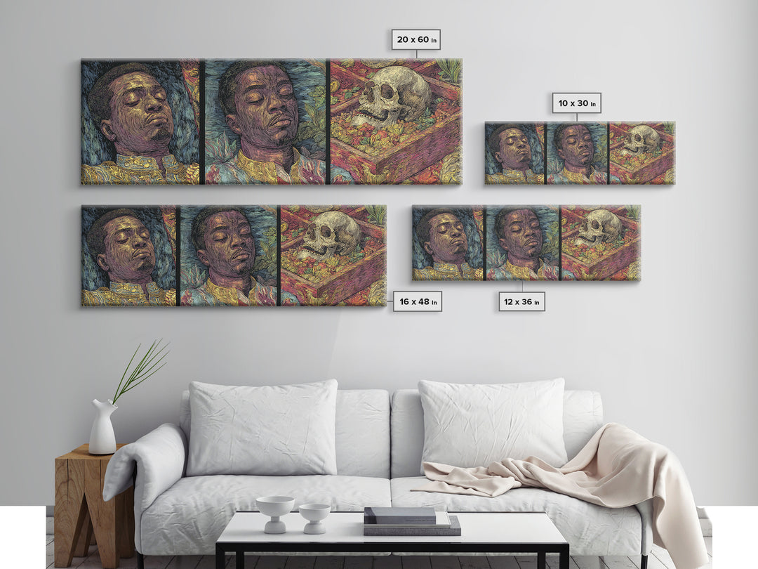 Triptych African Man Portrait With Skull Still Life Canvas Print, Contemporary Black Art, Cultural Wall Decor, Gallery Art