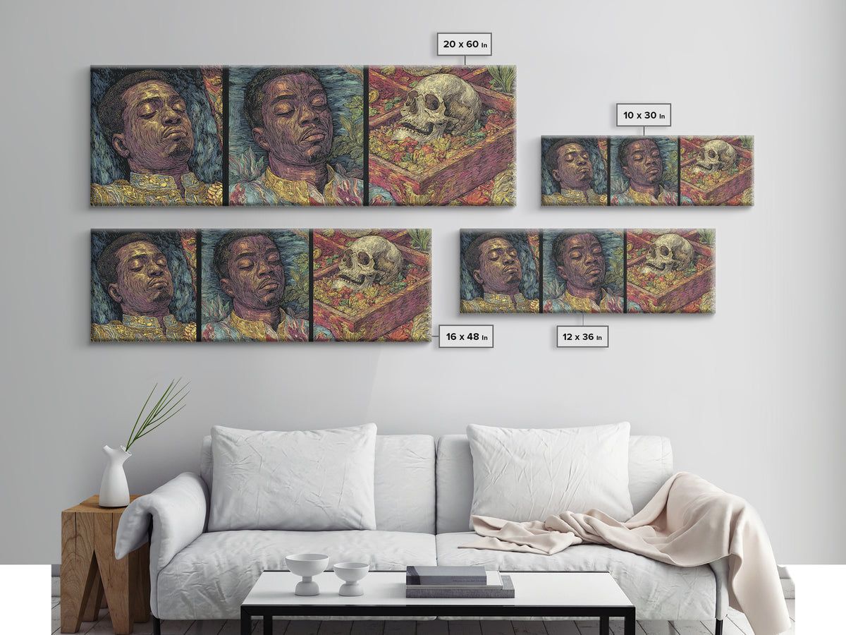 Triptych African Man Portrait With Skull Still Life Canvas Print, Contemporary Black Art, Cultural Wall Decor, Gallery Art