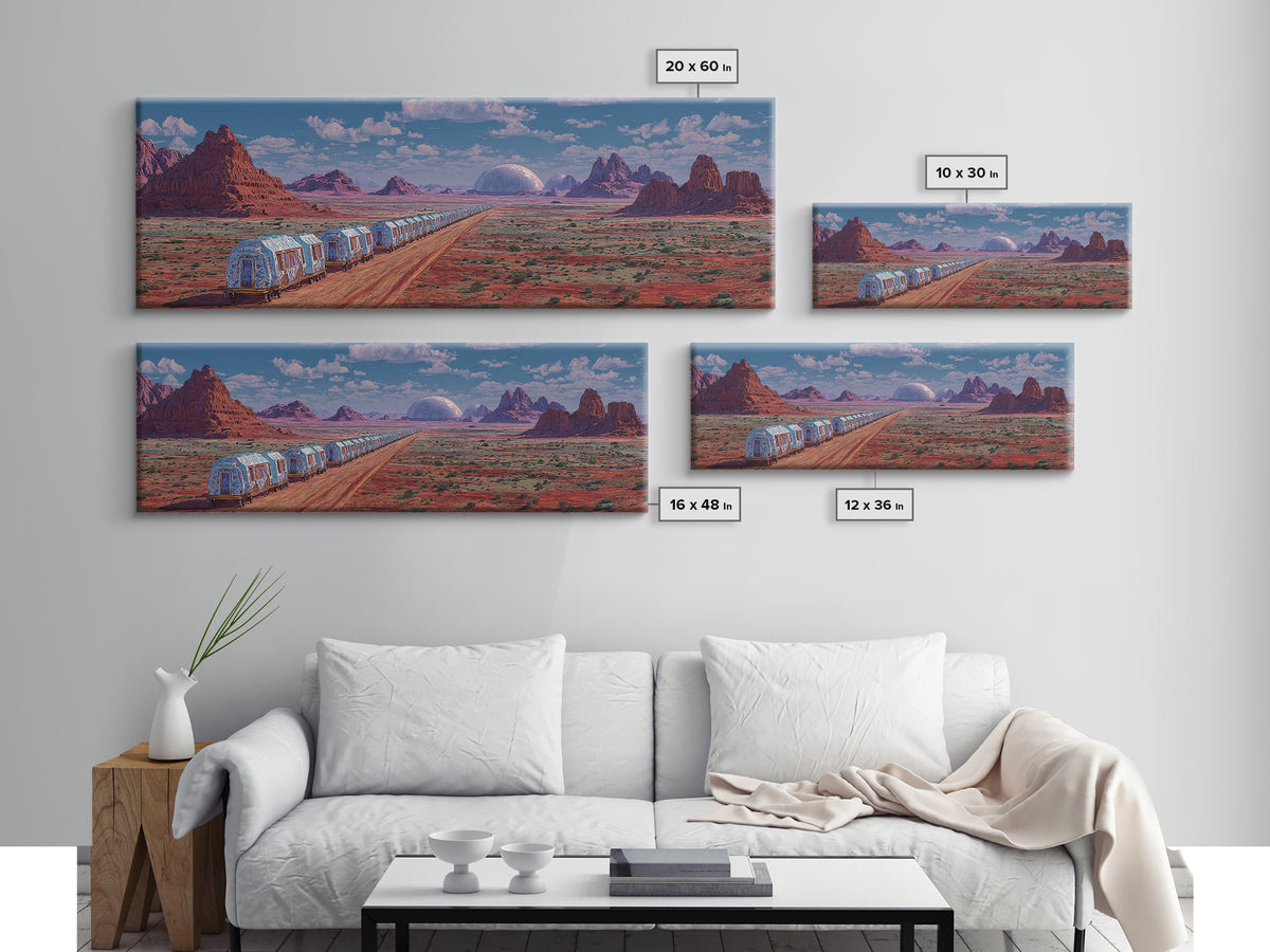 Futuristic Desert Train Crossing Red Plains Canvas Print, African Landscape Wall Art, Modern Canvas Art, Large Home Decor