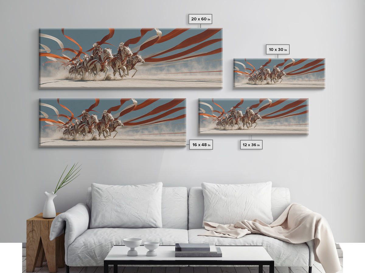 White Horses And Chariot Riders With Flowing Ribbons Wall Art, African Warrior Art, Equestrian Canvas Print, Statement Decor