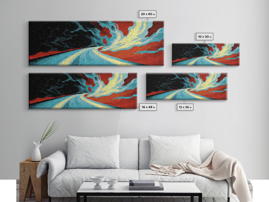 Electric Desert Highway Wall Art, Abstract Red Turquoise Road, Modern Canvas Decor, Large Statement Art For Living Room Decor