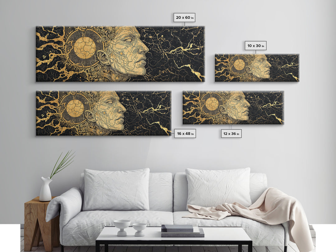 Golden Ancestral Profile Wall Art, African Portrait Linework, Black And Gold Cultural Canvas Print, Elegant Home Decor Gift