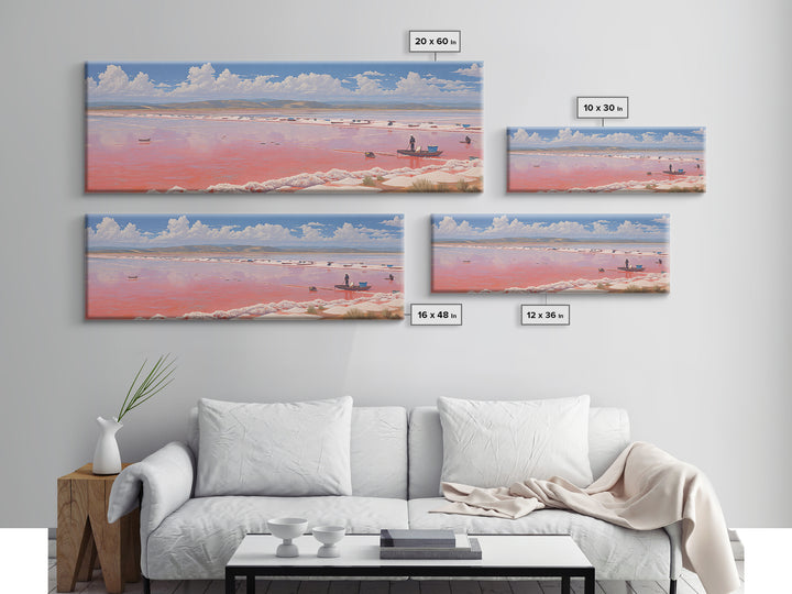 Pink Salt Lake Boats Wall Art, Pastel African Landscape, Coastal Travel Poster, Serene Canvas Decor For Living Room Gift