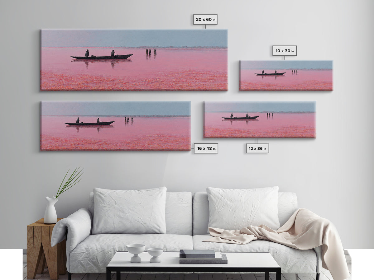 Minimal Pink Lake Boat Wall Art, African Seascape Print, Black Silhouette Decor, Calm Pastel Landscape For Bedroom Wall Decor