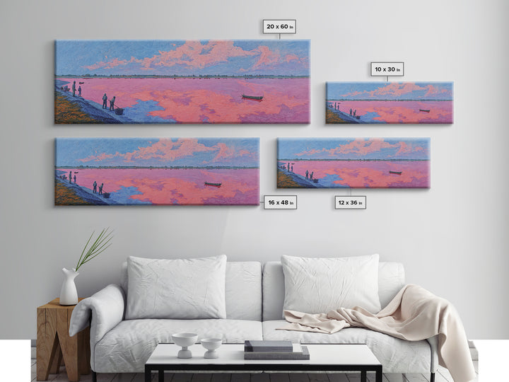 Pastel Pink Lake Sunset Canvas Print, African Landscape With Boat, Dreamy Wall Decor, Modern Coastal Art For Living Room
