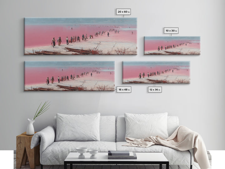 Pink Salt Flats Procession Wall Art, African Lake Landscape, Coastal Travel Poster, Pastel Canvas Decor For Living Room Gift