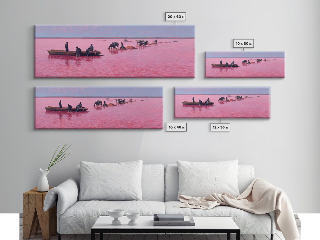 Pink Lake Salt Harvest Canvas Print, African Boats And Cattle Landscape, Coastal Wall Decor, Unique Living Room Art Gift