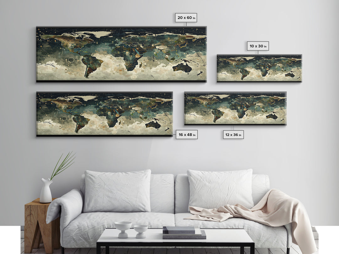 Abstract World Map Wall Art, Earth Tone Travel Decor, Modern Canvas Print Style, Office Geography Poster For Home Office Decor