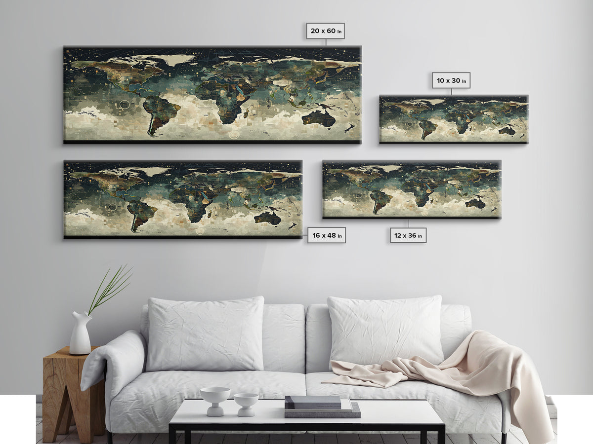 Abstract World Map Wall Art, Earth Tone Travel Decor, Modern Canvas Print Style, Office Geography Poster For Home Office Decor
