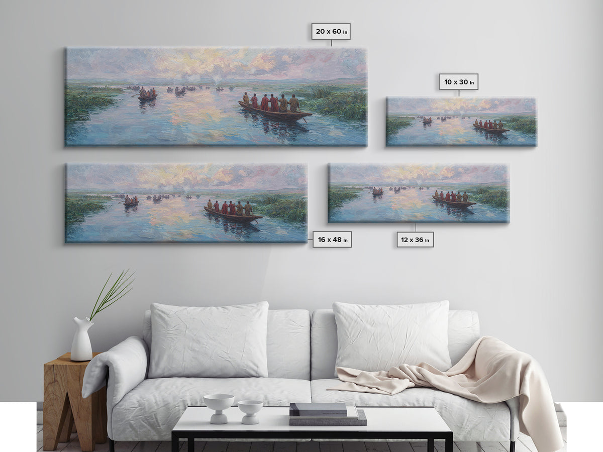 Pastel River Boats At Sunset Wall Art, African Landscape Canvas Print, Serene Safari Decor, Coastal Living Room Gift For Home