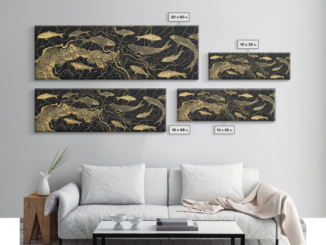Gold Koi Fish And Cracked Map Wall Art, Black And Gold Canvas Print, African Inspired Decor, Luxury Statement Home Art Gift