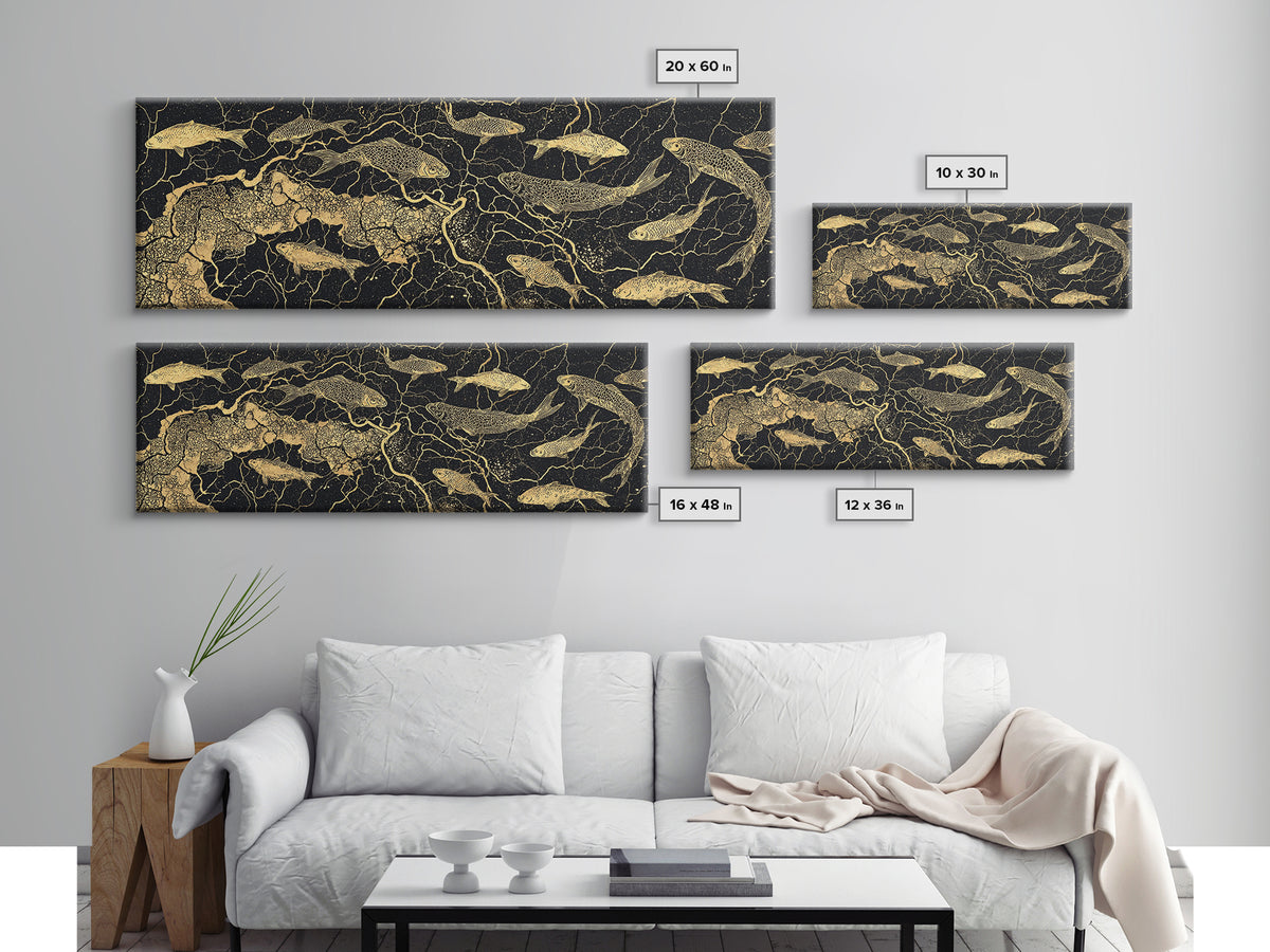 Gold Koi Fish And Cracked Map Wall Art, Black And Gold Canvas Print, African Inspired Decor, Luxury Statement Home Art Gift