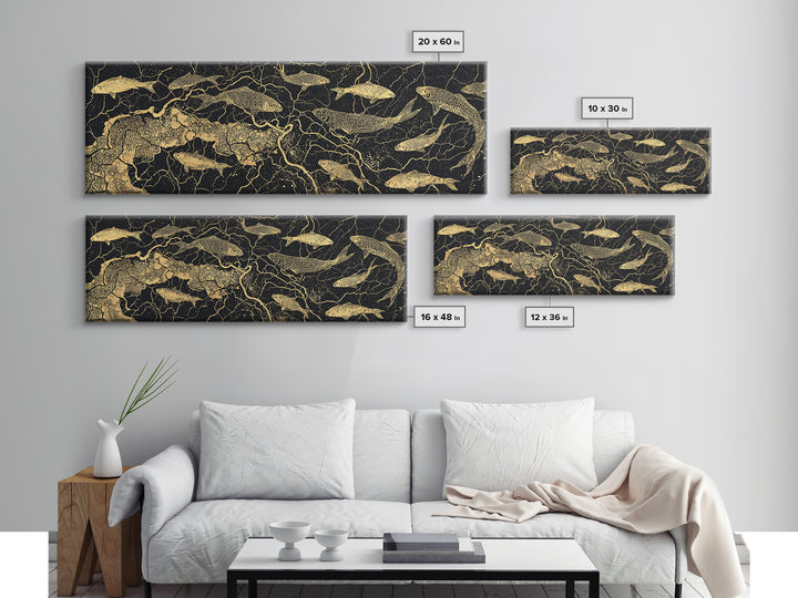 Gold Koi Fish And Cracked Map Wall Art, Black And Gold Canvas Print, African Inspired Decor, Luxury Statement Home Art Gift