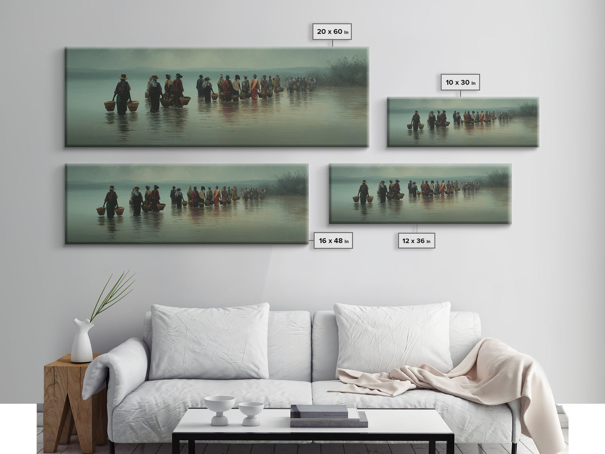 Misty African Fishermen Procession Wall Art, Panoramic Lake Landscape, Cultural African Decor, Serene Safari Home Decor Gift
