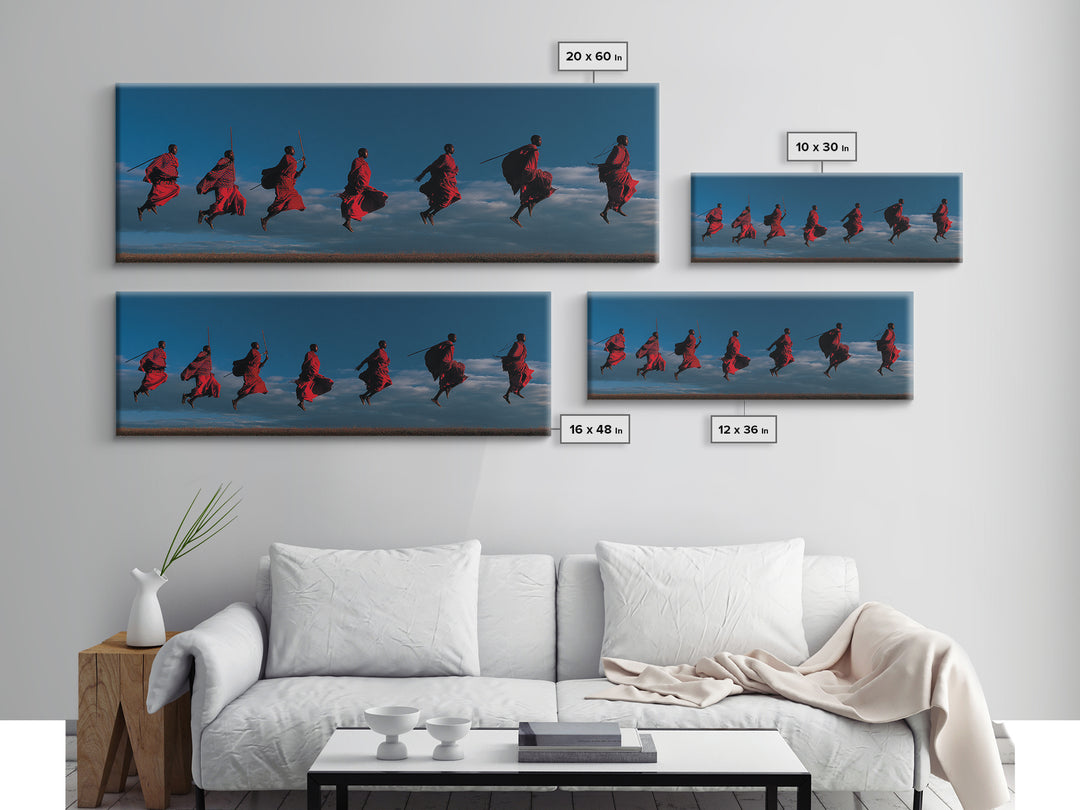 Red Maasai Warriors Leaping With Spears Wall Art, Panoramic African Tribal Art, Safari Decor, Bold Cultural Home Decor Gift