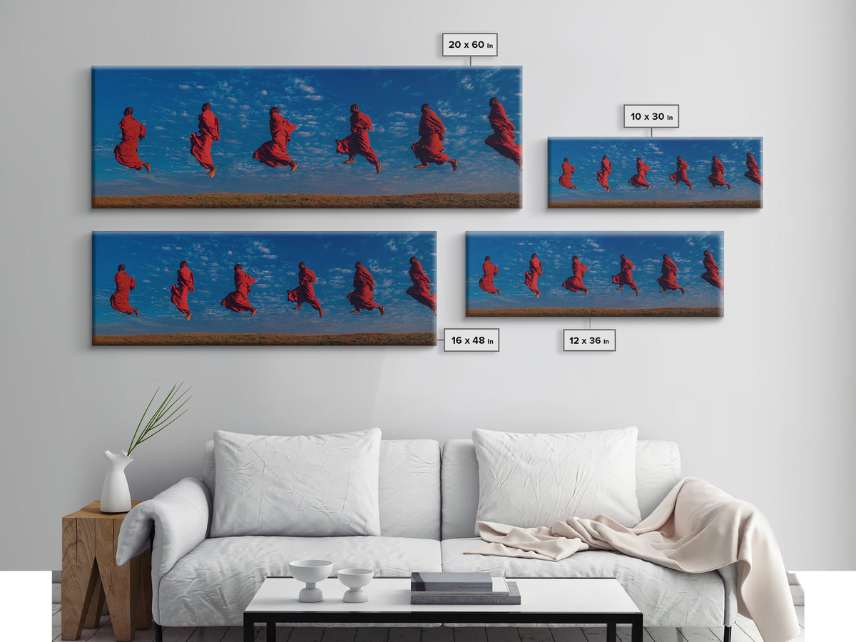 Floating Red Maasai Dancers Framed Canvas Print, African Wall Art, Tribal Safari Decor, Vibrant Cultural Living Room Art