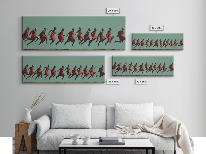 Dynamic Maasai Warriors Running Wall Art, African Warrior Art, Tribal Culture Canvas, Panoramic Safari Home Decor Art Gift