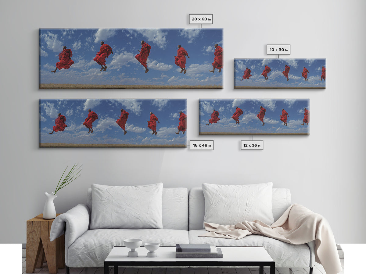 Airborne Maasai Dancers Under Clouds Canvas Print, African Wall Art, Red Tribal Safari Decor, Cultural Statement Gift For Home