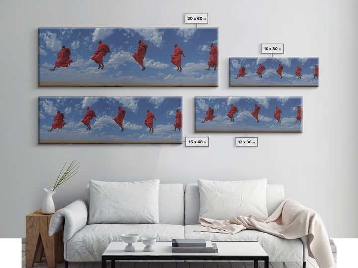 Airborne Maasai Dancers Under Clouds Canvas Print, African Wall Art, Red Tribal Safari Decor, Cultural Statement Gift For Home
