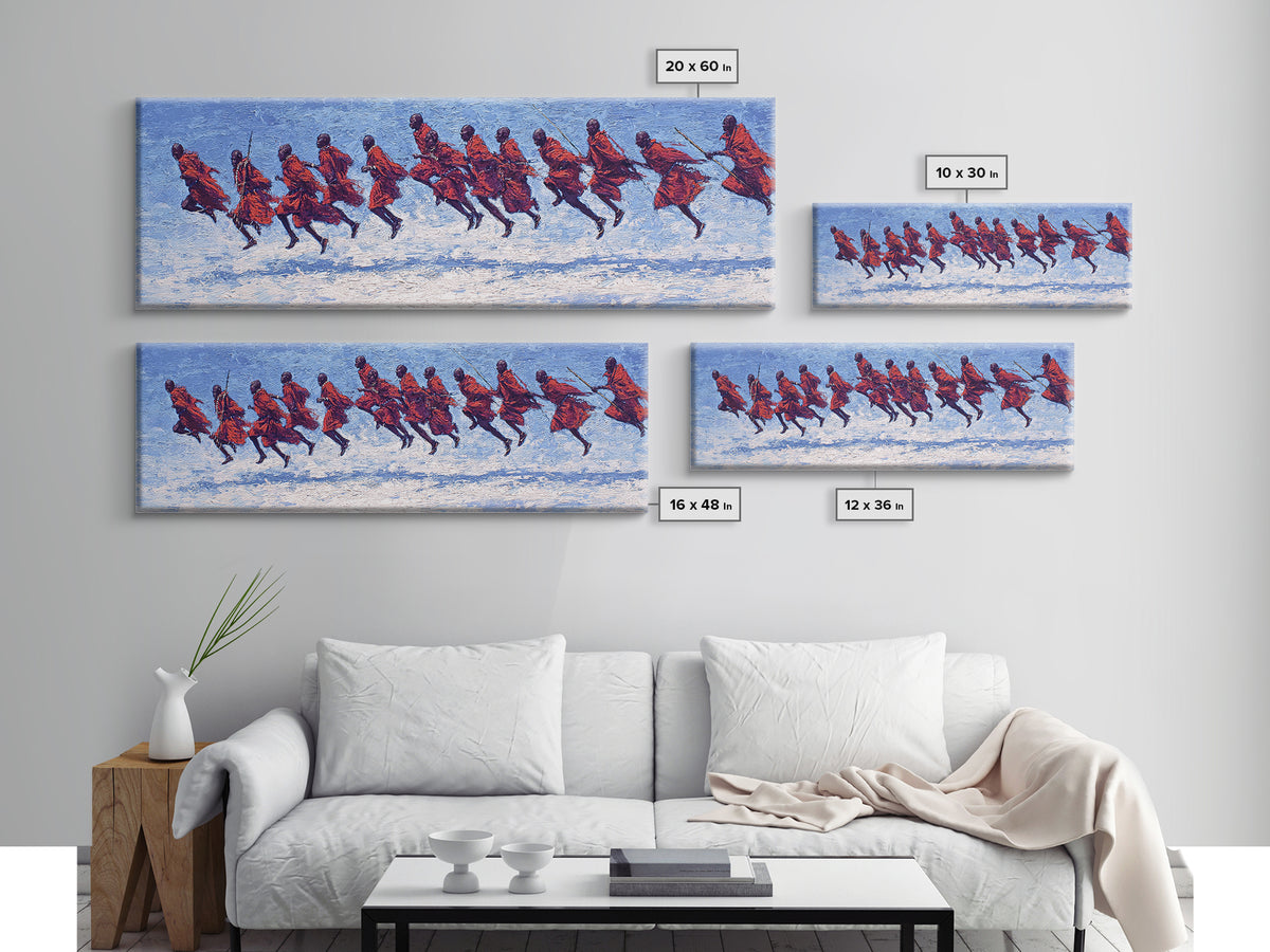Blue Textured Maasai Warriors Running Wall Art, Abstract African Art, Tribal Safari Decor, Vibrant Panoramic Canvas Print