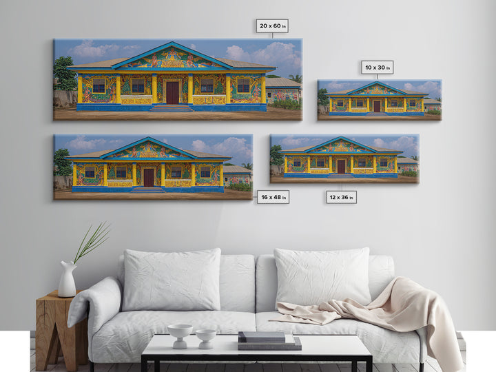 Painted African House Canvas Print, Bright Blue Yellow Facade, Folk Architecture Photography, Cultural Wall Decor Gift Print